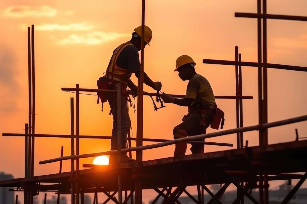 Construction crew working on scaffolding at sunset